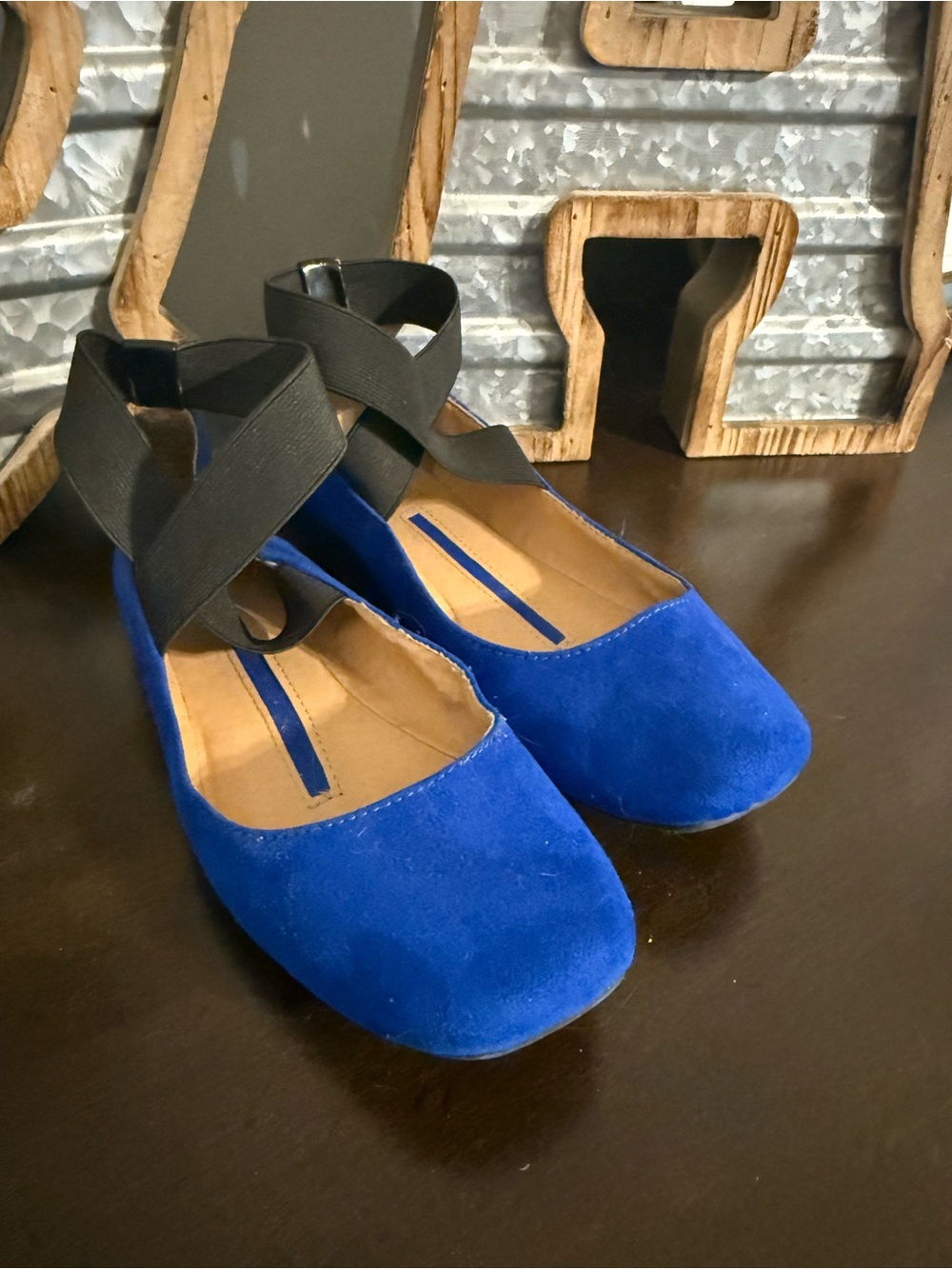 new directions Royal Blue Suede Flats with Black Cross-Strap